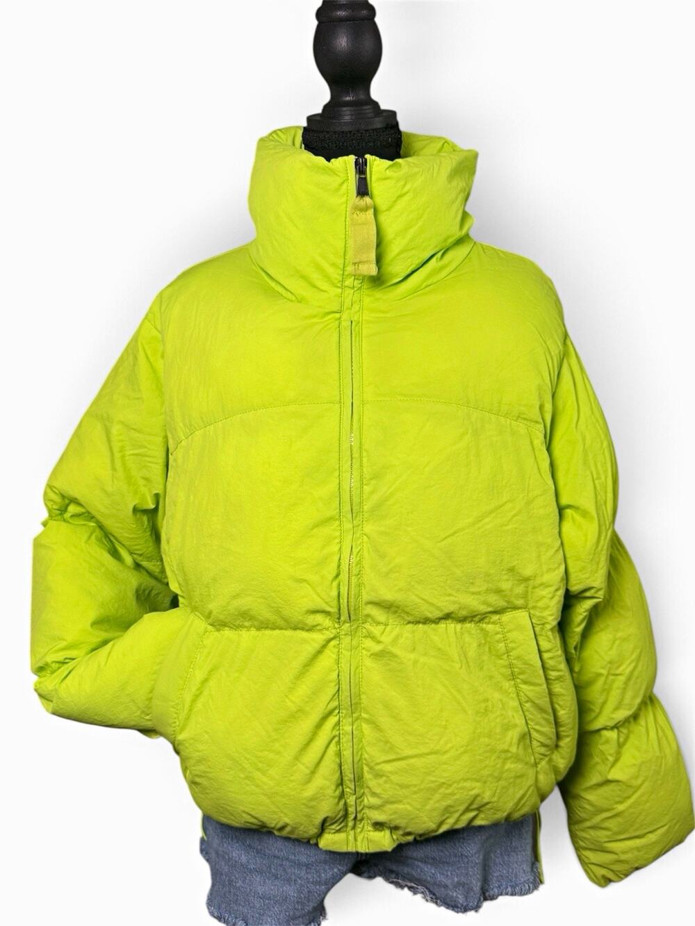 LOVE CHEMIZTRY Neon Lime Green Puffer Jacket Stand Collar Full Zip Women's L